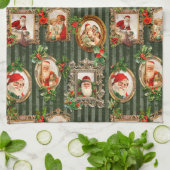 フェスティバルヴィンテージサンタ華美ス（フレーム内）、ホリー付き キッチンタオル (折り畳み)