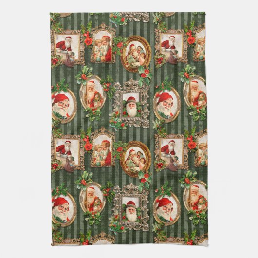 フェスティバルヴィンテージサンタ華美ス(フレーム内)、ホリー付き キッチンタオル (縦)