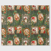 フェスティバルヴィンテージサンタ華美ス（フレーム内）、ホリー付き ラッピングペーパー (フラット)