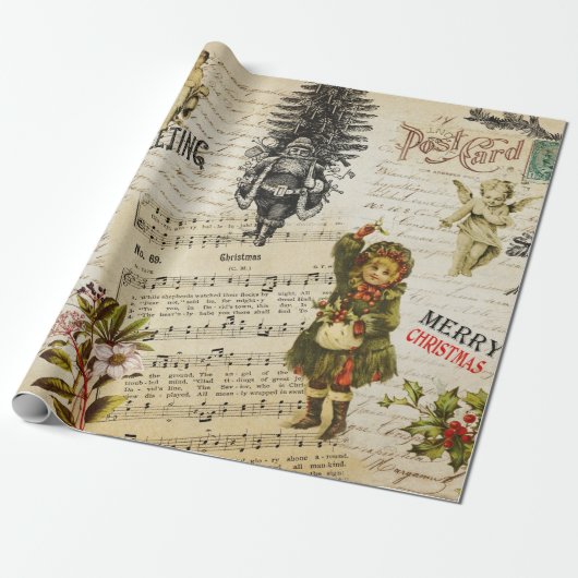 フェスティバルヴィンテージビクトリアンクリスマスサンタガール ラッピングペーパー (アンロールド)