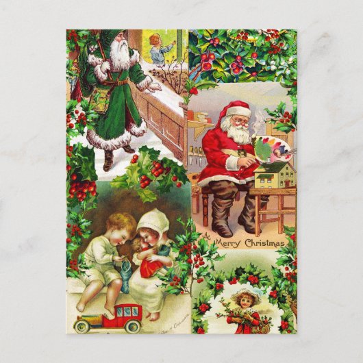 フェスティバルヴィンテージビクトリアンクリスマスサンタキッズ シーズンポストカード (正面)