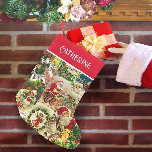 フェスティバルヴィンテージビクトリアンクリスマスサンタコラージュ スモールクリスマスストッキング