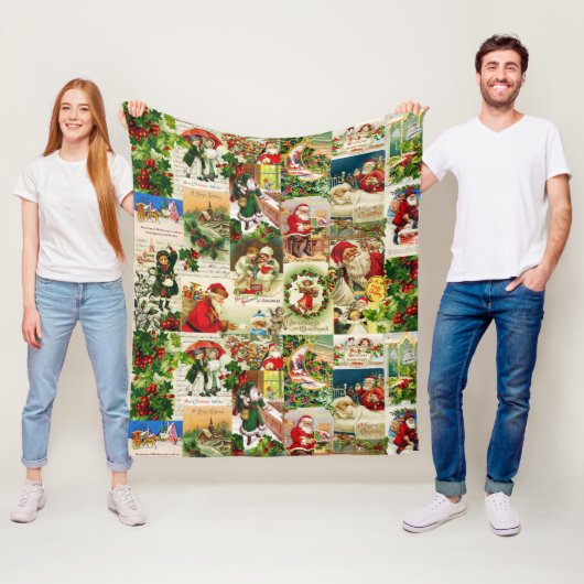 フェスティバルヴィンテージビクトリアンクリスマスサンタコラージュ フリースブランケット (インサイチュ)