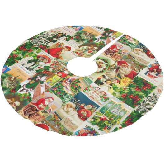 フェスティバルヴィンテージビクトリアンクリスマスサンタコラージュ ブラッシュドポリエステルツリースカート (アングル)
