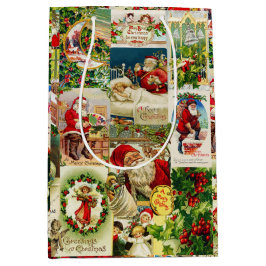 フェスティバルヴィンテージビクトリアンクリスマスサンタコラージュ ミディアムペーパーバッグ