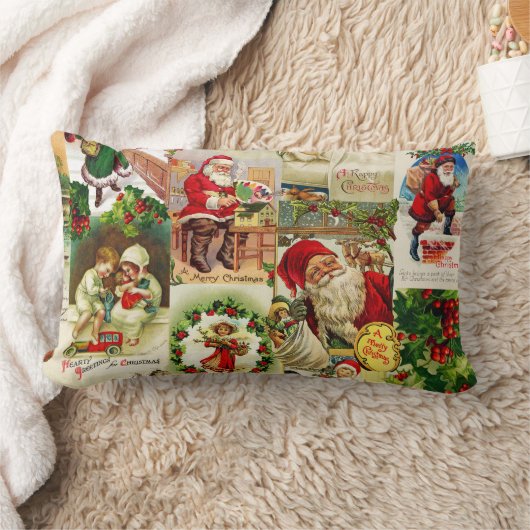 フェスティバルヴィンテージビクトリアンクリスマスサンタコラージュ ランバークッション (ブランケット)