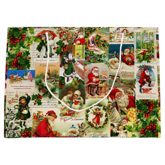 フェスティバルヴィンテージビクトリアンクリスマスサンタコラージュ ラージペーパーバッグ (正面)