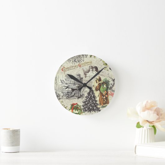 フェスティバルヴィンテージビクトリアンクリスマスサンタ ラウンド壁時計 (ホーム)
