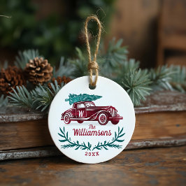 フェスティバルヴィンテージレッドカークリスマスツリーモノグラム セラミックオーナメント