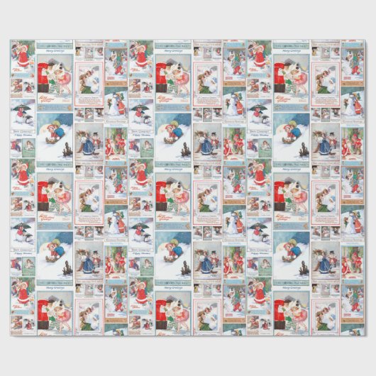 フェスティバルヴィンテージ冬おもしろいクリスマスカードコラージュ ラッピングペーパー (フラット)