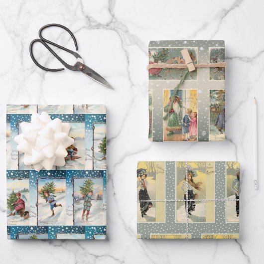 フェスティバルヴィンテージ冬クリスマスカードコラージュ ラッピングペーパーシート (正面)