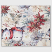 フェスティバルヴィンテージ雪だるま&クリスマス花模様 ラッピングペーパー (フラット)