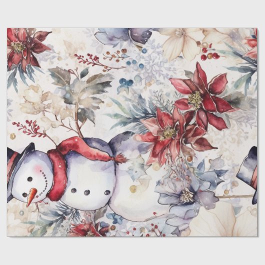 フェスティバルヴィンテージ雪だるま&クリスマス花模様 ラッピングペーパー (フラット)