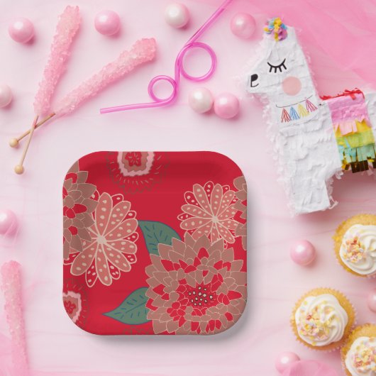 フェスティバル休日紙プレートフローラバースト赤 ペーパープレート (パーティー)