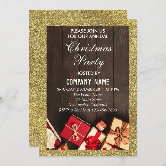 フェスティバル会社クリスマスパーティーギフト金ゴールドグリッター 招待状 (正面/裏面)
