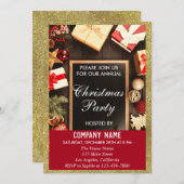 フェスティバル会社クリスマスパーティーレッド&金ゴールドグリッター 招待状 (正面/裏面)