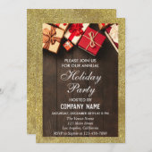 フェスティバル会社ホリデーパーティギフト金ゴールドグリッター 招待状 (正面/裏面)