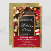 フェスティバル会社ホリデーパーティレッド&金ゴールドグリッター 招待状 (正面/裏面)