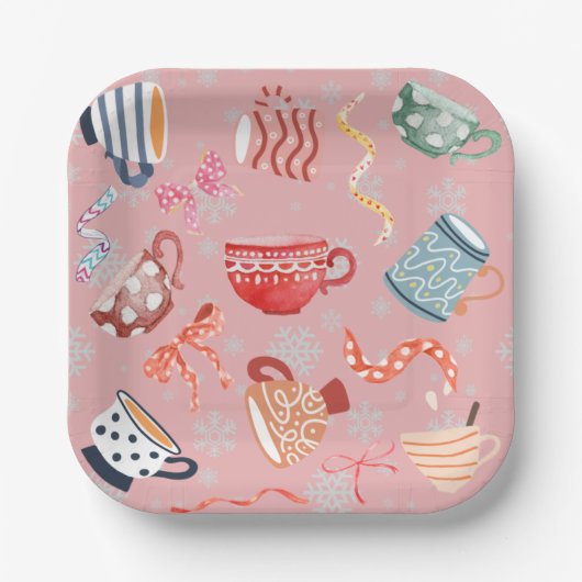 フェスティバル伝統的模様デザインピンクレッド ペーパープレート (正面)