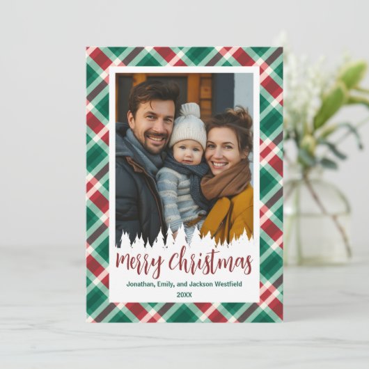 フェスティバル伝統的赤と緑の格子模様のクリスマス シーズンカード (スタンド正面)