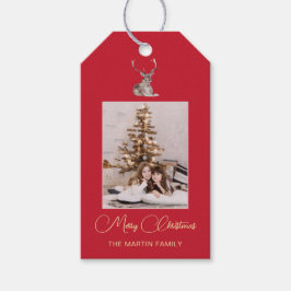 フェスティバル写真と冬の鹿の赤いクリスマス ギフトタグ