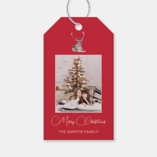 フェスティバル写真と冬の鹿の赤いクリスマス ギフトタグ (正面)