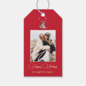 フェスティバル写真と冬の鹿クリスマスレッド ギフトタグ (正面)