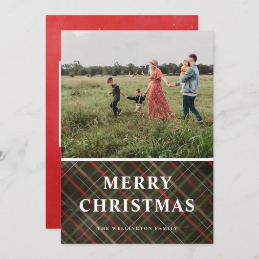 フェスティバル冬の格子模様のクリスマスフォト シーズンカード (正面/裏面)