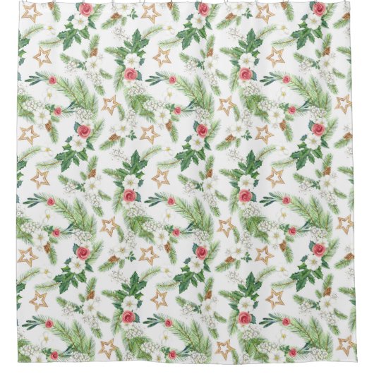 フェスティバル冬の植物学オールオーバープリント シャワーカーテン (正面)