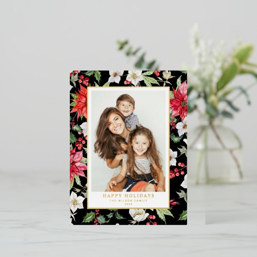 フェスティバル冬の花パターン黒い写真 箔シーズンポストカード (立ち正面)