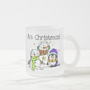 フェスティバル冬の雪だるまとペンギンそれはクリスマスだ フロストグラスマグカップ