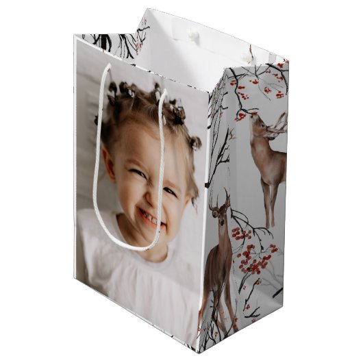 フェスティバル冬の鹿の2つの写真クリスマス ミディアムペーパーバッグ (正面アングル)