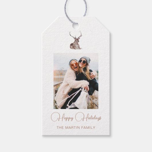 フェスティバル冬の鹿フォトクリスマスホワイト ギフトタグ (正面)