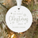 フェスティバル初めてのクリスマス写真 オーナメント<br><div class="desc">フェスティバルセージ緑のタイポグラフィ、私の初めてのクリスマス、写真オーナメント。機能、テンプレート文字ラインの名前と年のための写真のバック独身の付き。</div>