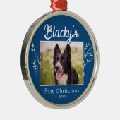 フェスティバル初めてのクリスマス子犬の写真の葉の青 メタルオーナメント (右)