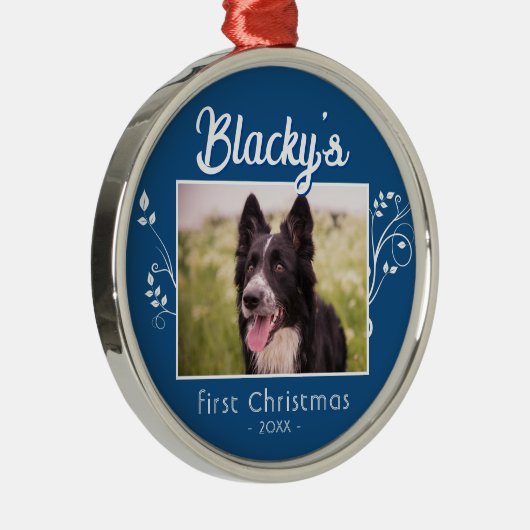 フェスティバル初めてのクリスマス子犬の写真の葉の青 メタルオーナメント (右)
