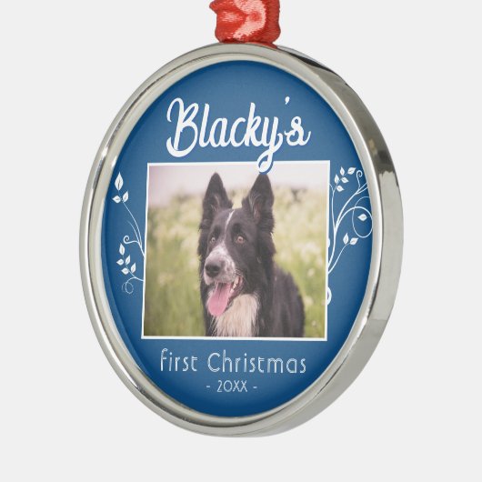 フェスティバル初めてのクリスマス子犬の写真の葉の青 メタルオーナメント (左)