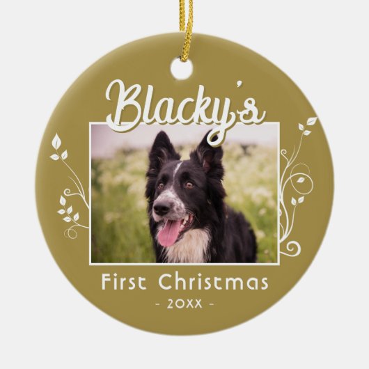 フェスティバル初めてのクリスマス子犬の名前の葉の写真 セラミックオーナメント (正面)