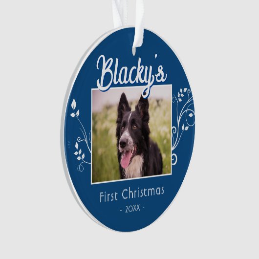 フェスティバル初めてのクリスマス子犬の葉の青い写真 オーナメント (正面)
