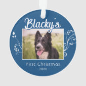 フェスティバル初めてのクリスマス子犬の葉の青い写真 オーナメント (裏面)