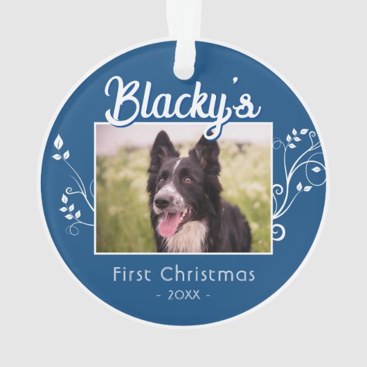 フェスティバル初めてのクリスマス子犬の葉の青い写真 オーナメント (裏面)