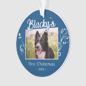 フェスティバル初めてのクリスマス子犬の葉の青い写真 オーナメント (正面)