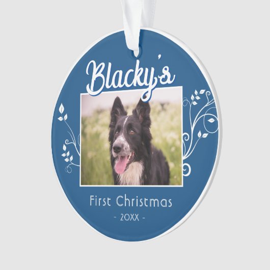 フェスティバル初めてのクリスマス子犬の葉の青い写真 オーナメント (正面)