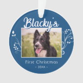 フェスティバル初めてのクリスマス子犬の葉の青い写真 オーナメント (正面)