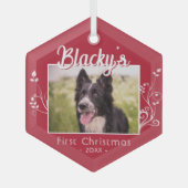フェスティバル初めてのクリスマス子犬の葉赤い写真 ガラスオーナメント (正面)