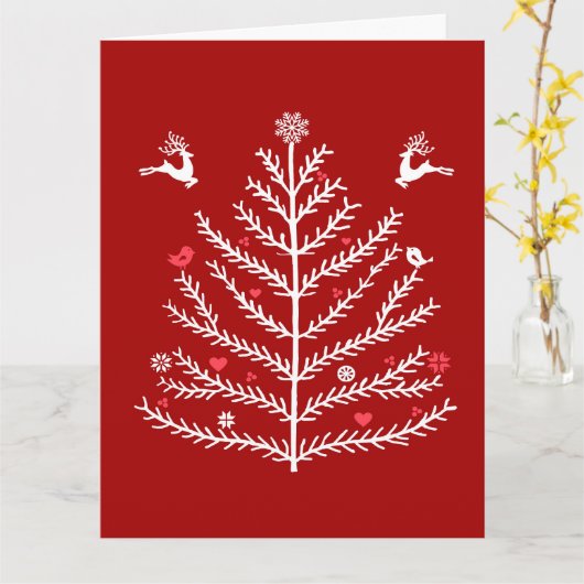 フェスティバル北欧クリスマスツリーディアダークレッド カード (黄色い花)