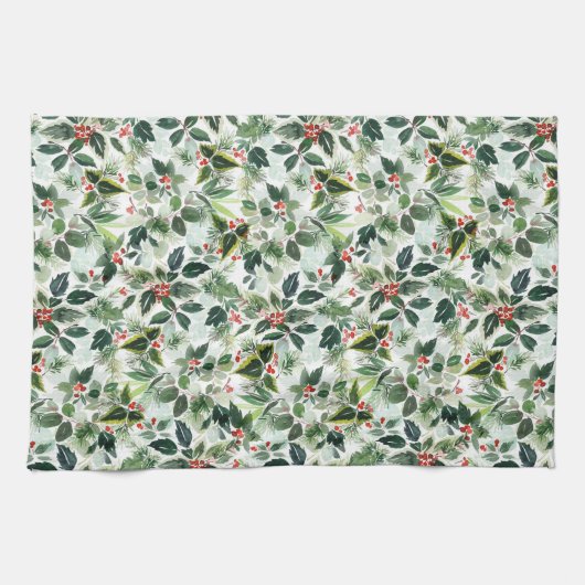 フェスティバル変成ウィンターベリーパターンクリスマス キッチンタオル (横)