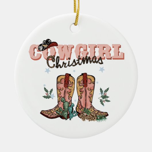 フェスティバル女性のカーボーイクリスマス追加気持ち年 セラミックオーナメント (正面)