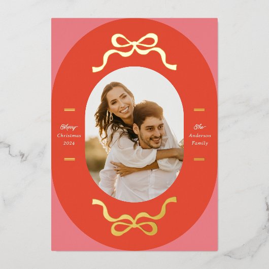 フェスティバル弓実在金ゴールド楕円形フォトホリデー 箔シーズンカード (正面)