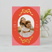 フェスティバル弓実在金ゴールド楕円形フォトホリデー 箔シーズンカード (立ち正面)
